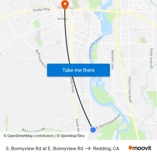 S. Bonnyview Rd at E. Bonnyview Rd to Redding, CA map