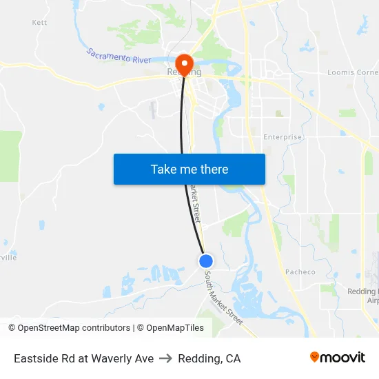 Eastside Rd at Waverly Ave to Redding, CA map