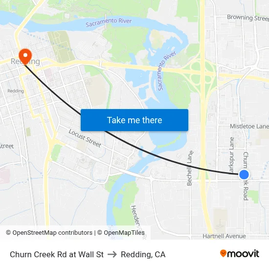 Churn Creek Rd at Wall St to Redding, CA map