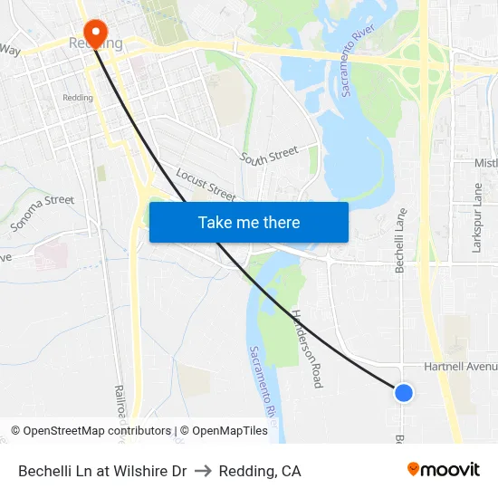 Bechelli Ln at Wilshire Dr to Redding, CA map