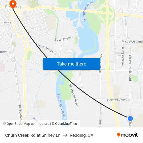 Churn Creek Rd at Shirley Ln to Redding, CA map
