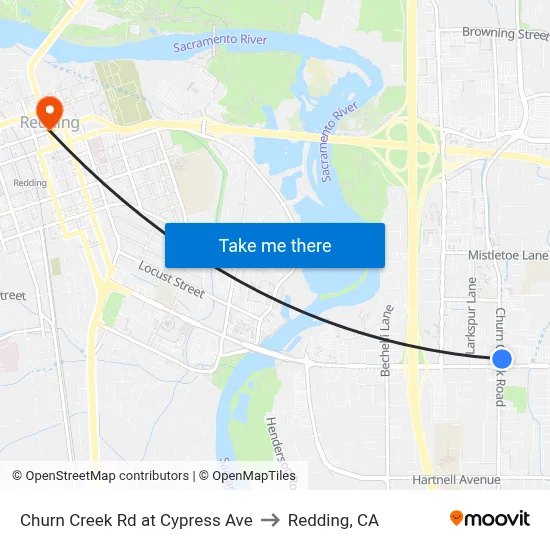 Churn Creek Rd at Cypress Ave to Redding, CA map