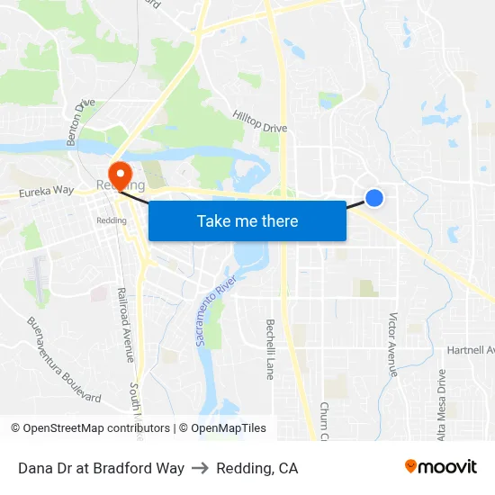 Dana Dr at Bradford Way to Redding, CA map