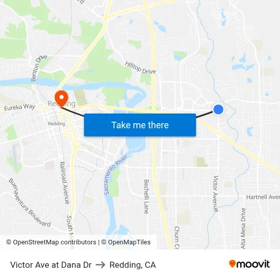 Victor Ave at Dana Dr to Redding, CA map