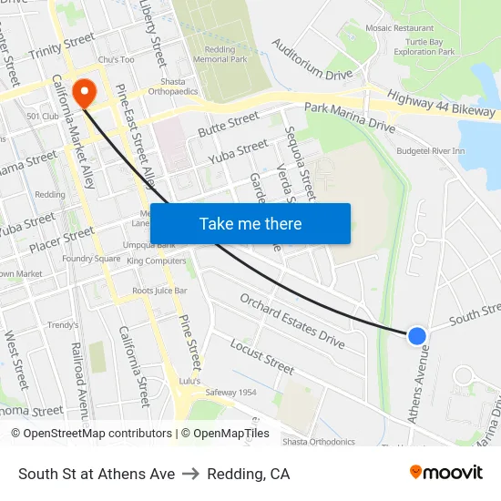 South St at Athens Ave to Redding, CA map