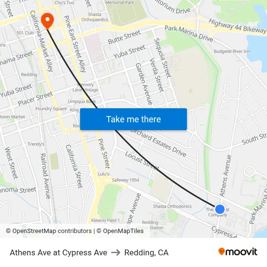 Athens Ave at Cypress Ave to Redding, CA map