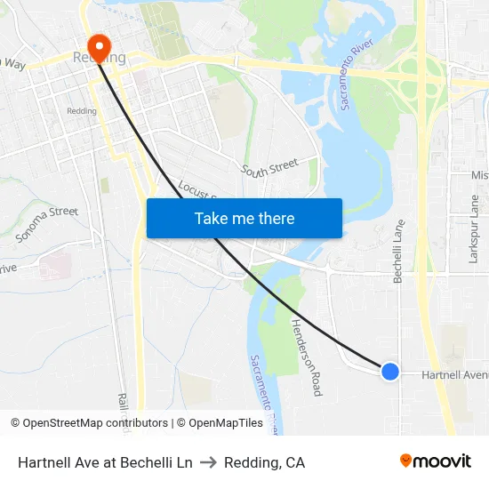 Hartnell Ave at Bechelli Ln to Redding, CA map