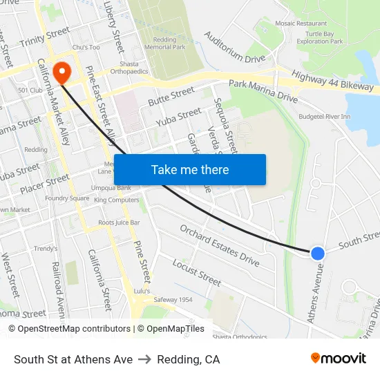 South St at Athens Ave to Redding, CA map