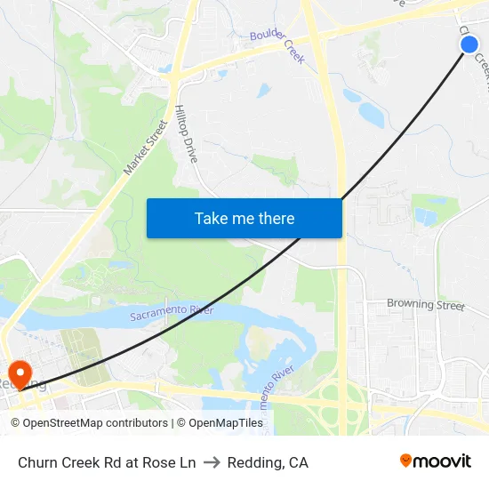 Churn Creek Rd at Rose Ln to Redding, CA map