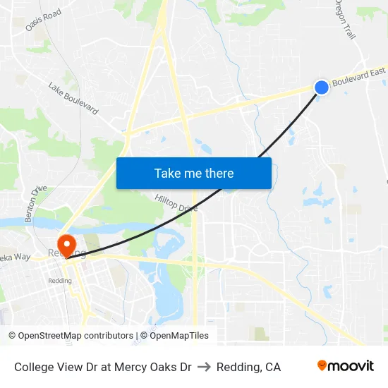 College View Dr at Mercy Oaks Dr to Redding, CA map
