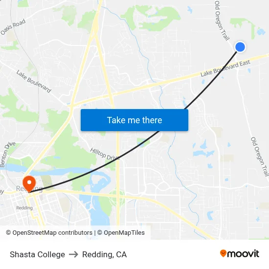Shasta College to Redding, CA map