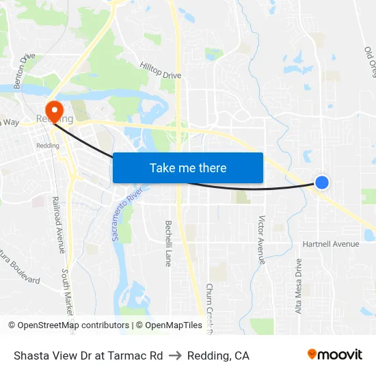 Shasta View Dr at Tarmac Rd to Redding, CA map