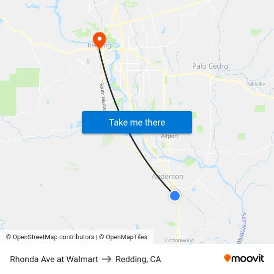 Rhonda Ave at Walmart to Redding, CA map