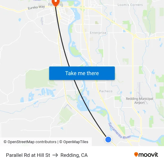 Parallel Rd at Hill St to Redding, CA map