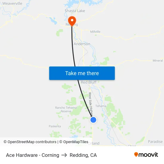 Ace Hardware - Corning to Redding, CA map