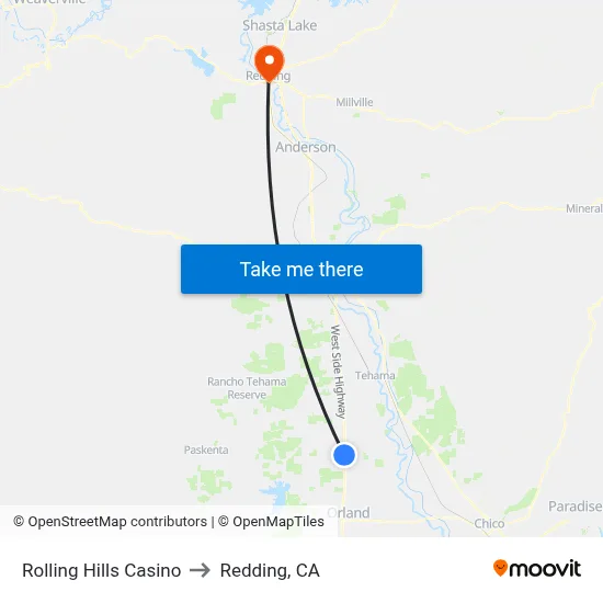 Rolling Hills Casino to Redding, CA map