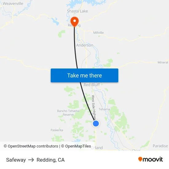 Safeway to Redding, CA map