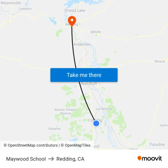 Maywood School to Redding, CA map