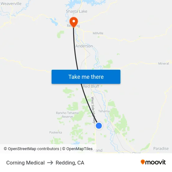 Corning Medical to Redding, CA map