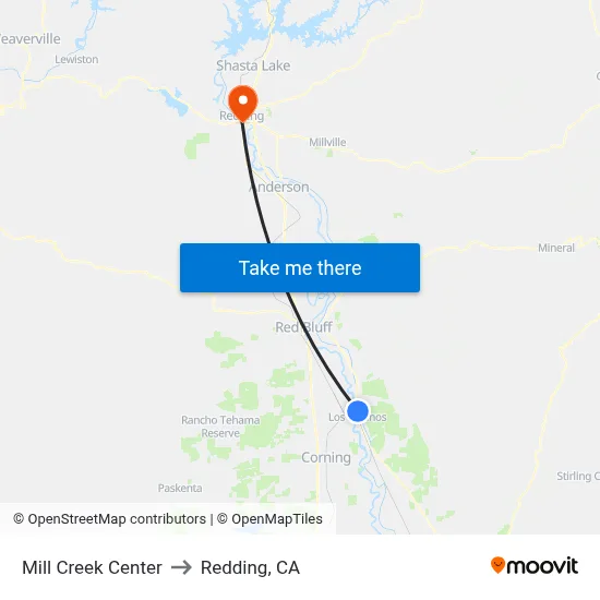 Mill Creek Center to Redding, CA map