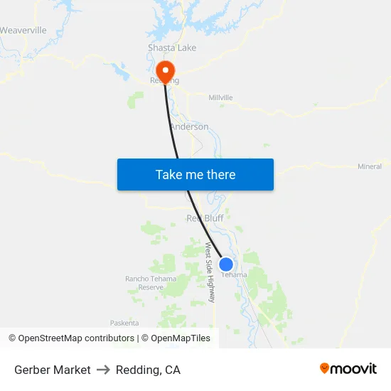 Gerber Market to Redding, CA map