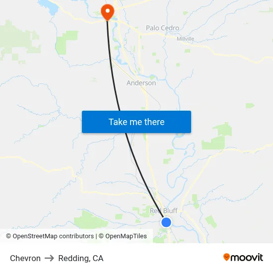Chevron to Redding, CA map
