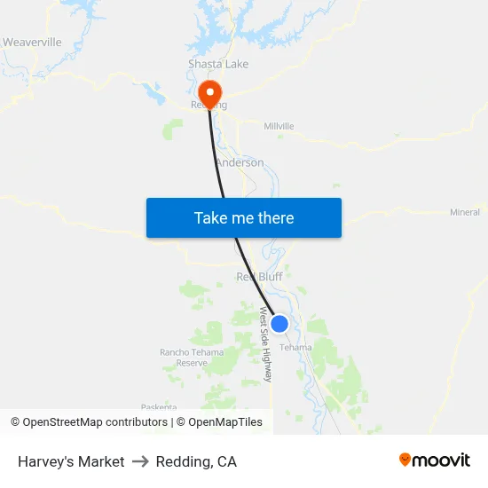 Harvey's Market to Redding, CA map