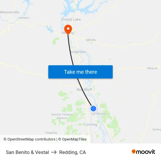 San Benito & Vestal to Redding, CA map