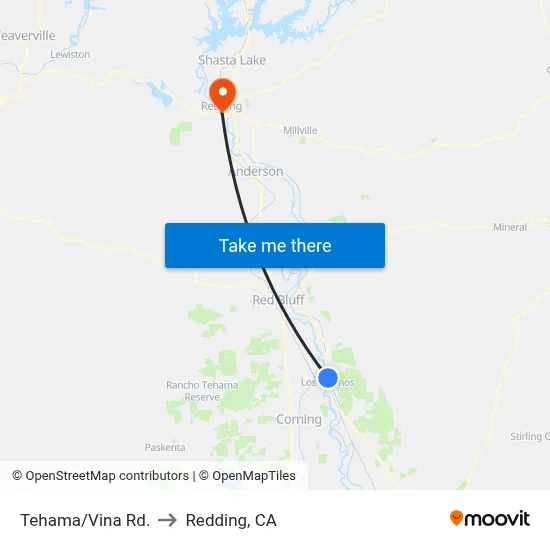 Tehama/Vina Rd. to Redding, CA map