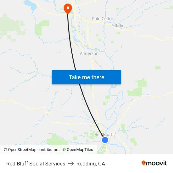 Red Bluff Social Services to Redding, CA map