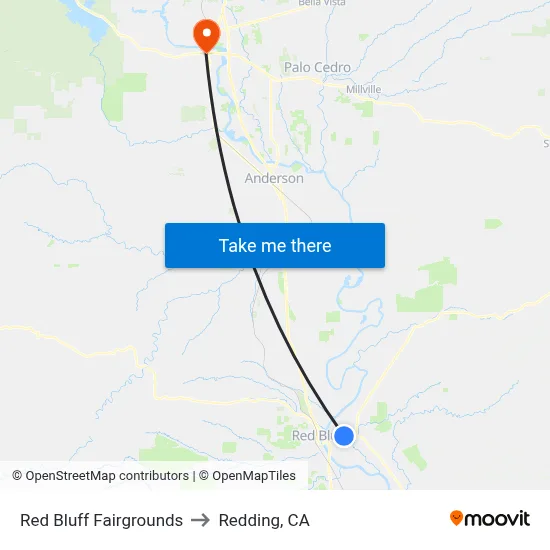 Red Bluff Fairgrounds to Redding, CA map