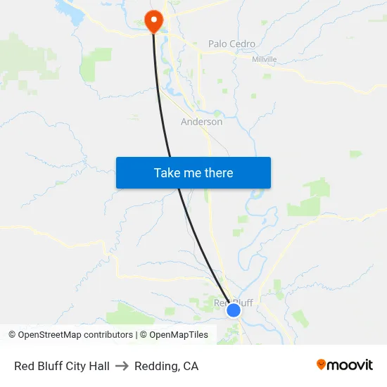 Red Bluff City Hall to Redding, CA map
