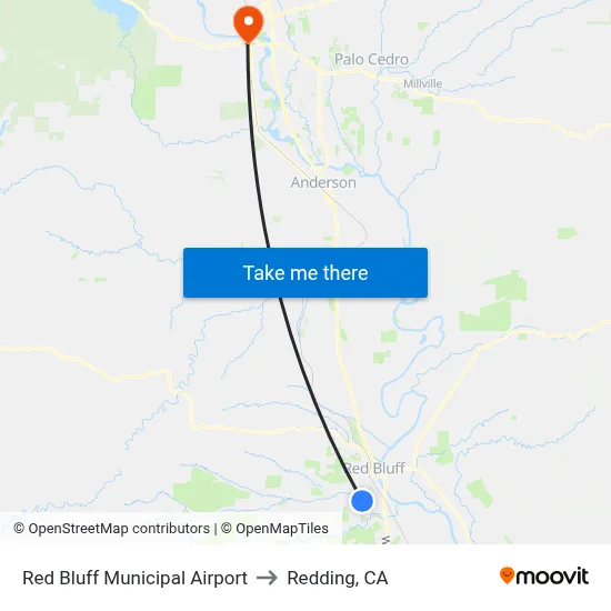 Red Bluff Municipal Airport to Redding, CA map