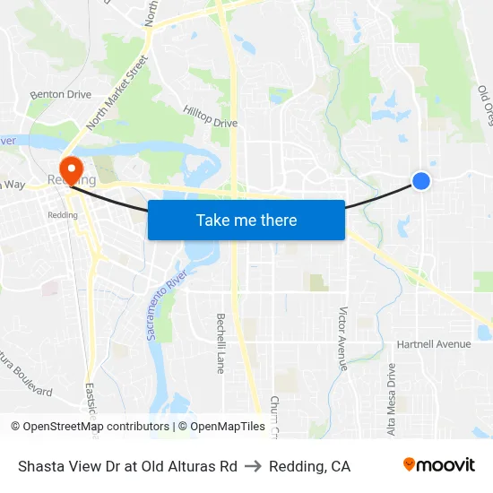 Shasta View Dr at Old Alturas Rd to Redding, CA map