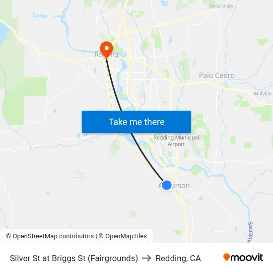 Silver St at Briggs St (Fairgrounds) to Redding, CA map
