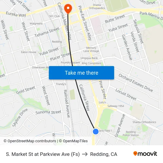 S. Market St at Parkview Ave (Fs) to Redding, CA map