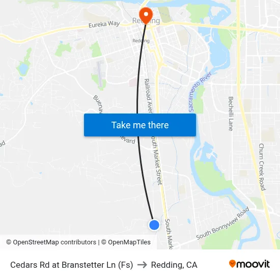 Cedars Rd at Branstetter Ln (Fs) to Redding, CA map