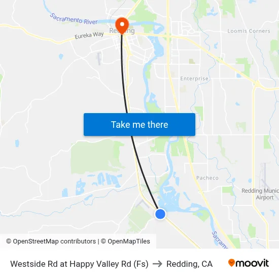 Westside Rd at Happy Valley Rd (Fs) to Redding, CA map