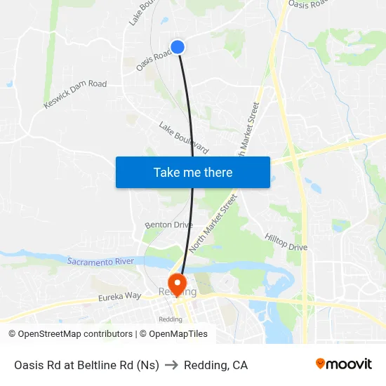 Oasis Rd at Beltline Rd (Ns) to Redding, CA map
