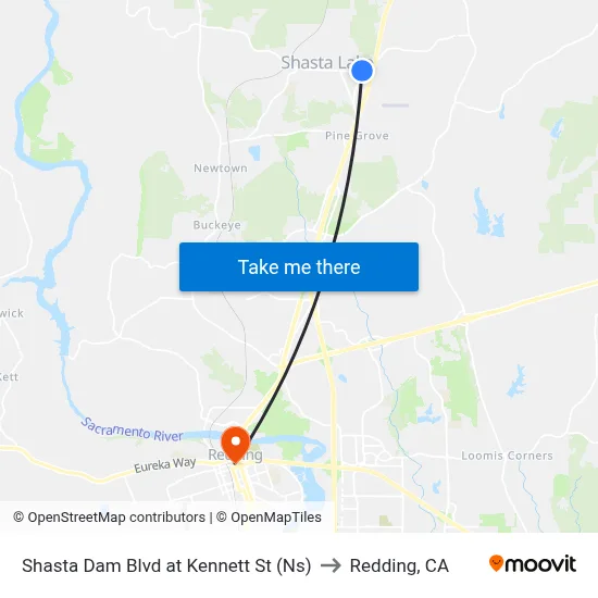 Shasta Dam Blvd at Kennett St (Ns) to Redding, CA map
