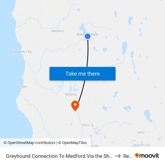 Greyhound Connection To Medford Via the Shuttle Klamath Falls + Amtrak Klamath Falls Rail Station (Kfs) to Red Bluff map