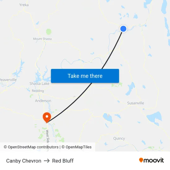 Canby Chevron to Red Bluff map