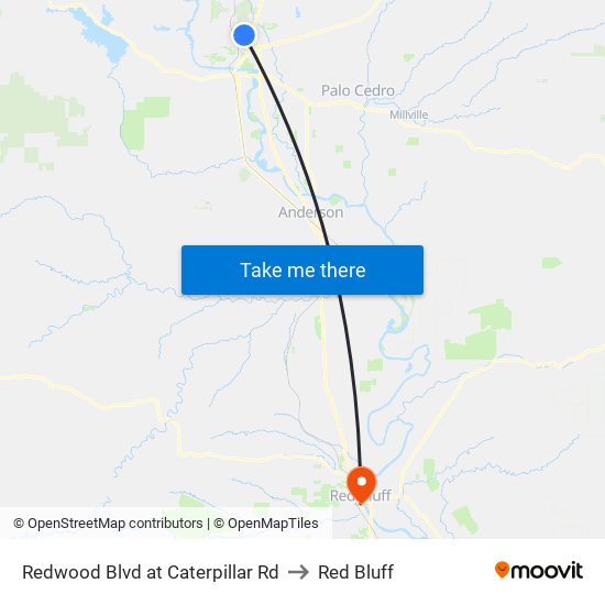 Redwood Blvd at Caterpillar Rd to Red Bluff map