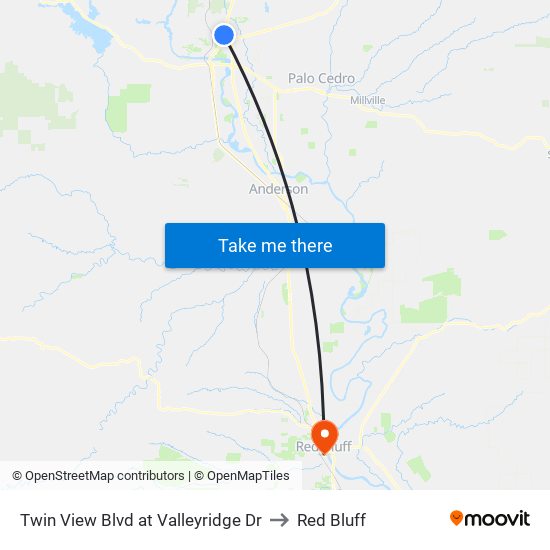 Twin View Blvd at Valleyridge Dr to Red Bluff map