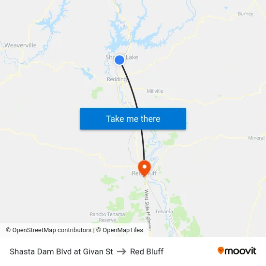 Shasta Dam Blvd at Givan St to Red Bluff map