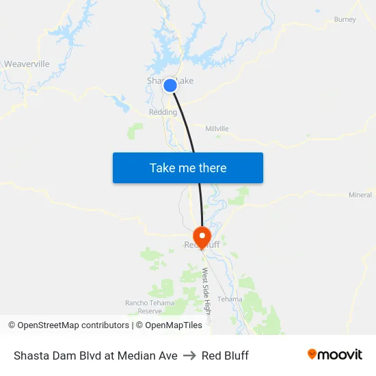 Shasta Dam Blvd at Median Ave to Red Bluff map