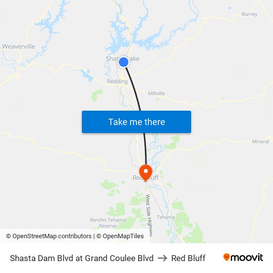 Shasta Dam Blvd at Grand Coulee Blvd to Red Bluff map