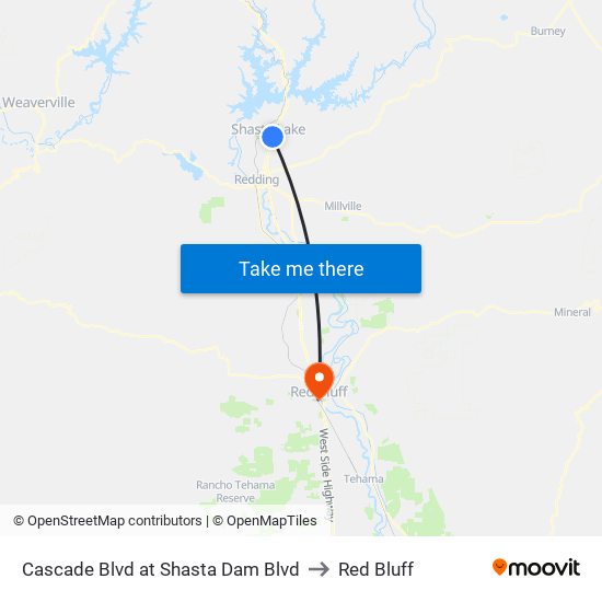 Cascade Blvd at Shasta Dam Blvd to Red Bluff map