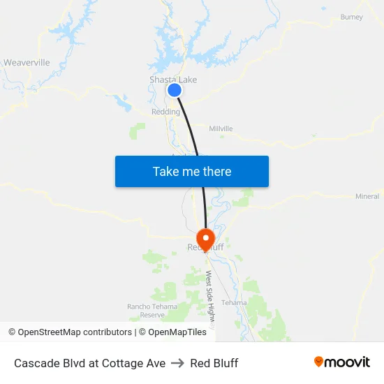 Cascade Blvd at Cottage Ave to Red Bluff map