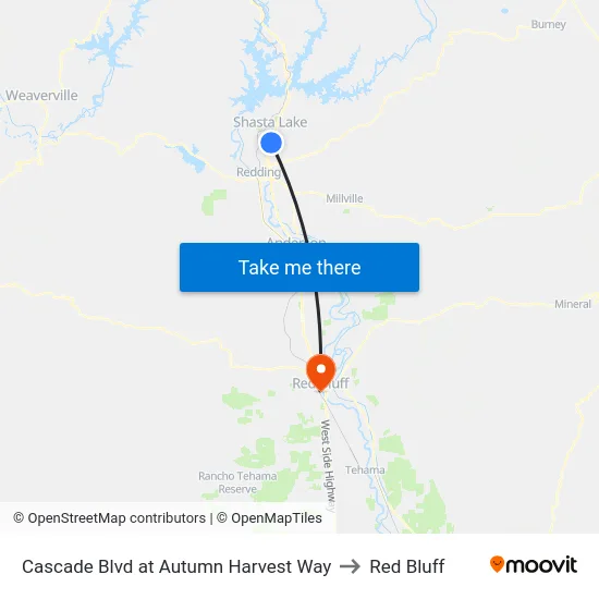 Cascade Blvd at Autumn Harvest Way to Red Bluff map